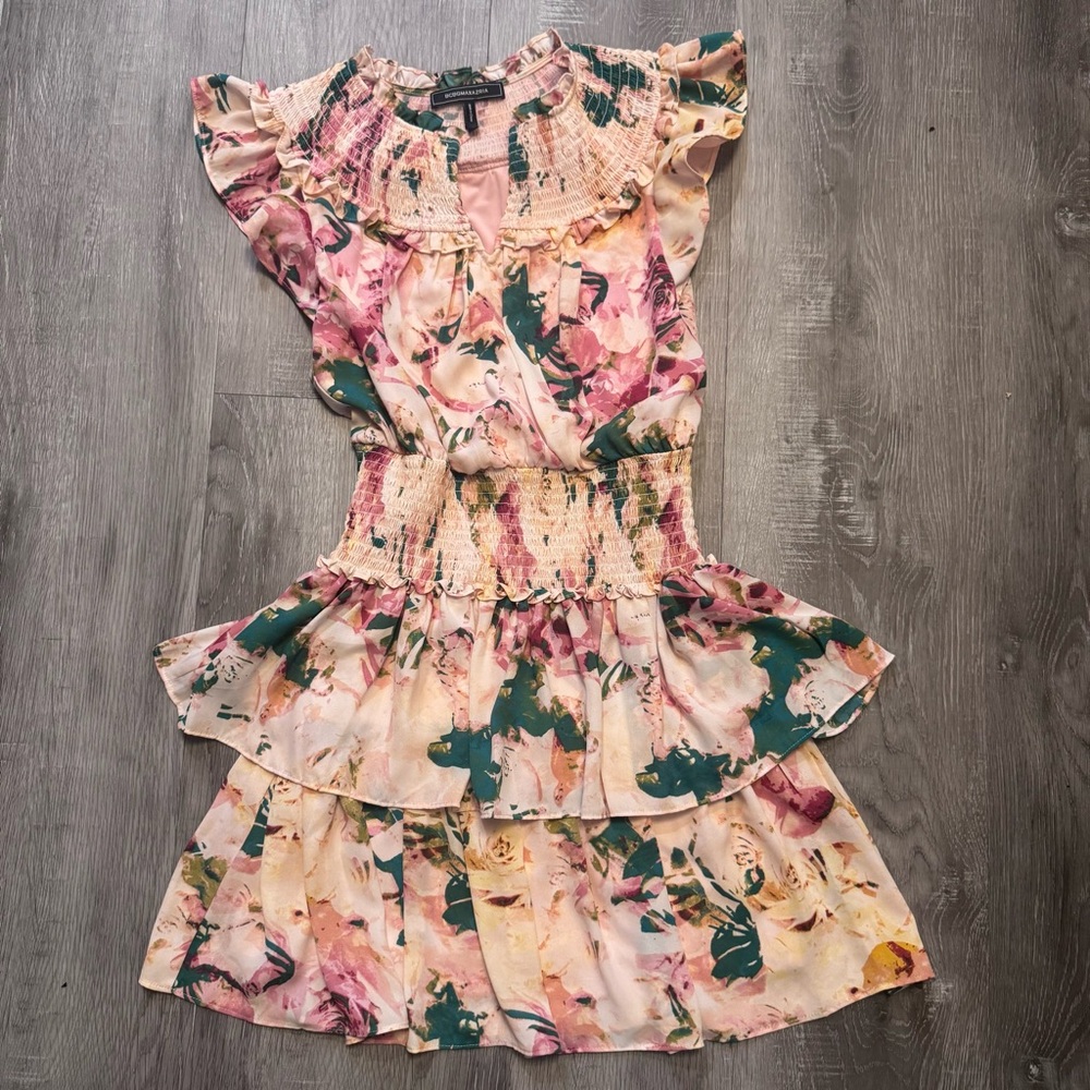 BCBGMaxAzria Women's Peach Floral Smocked Tiered Cap Sleeve Dress Size Small - Picture 4 of 10